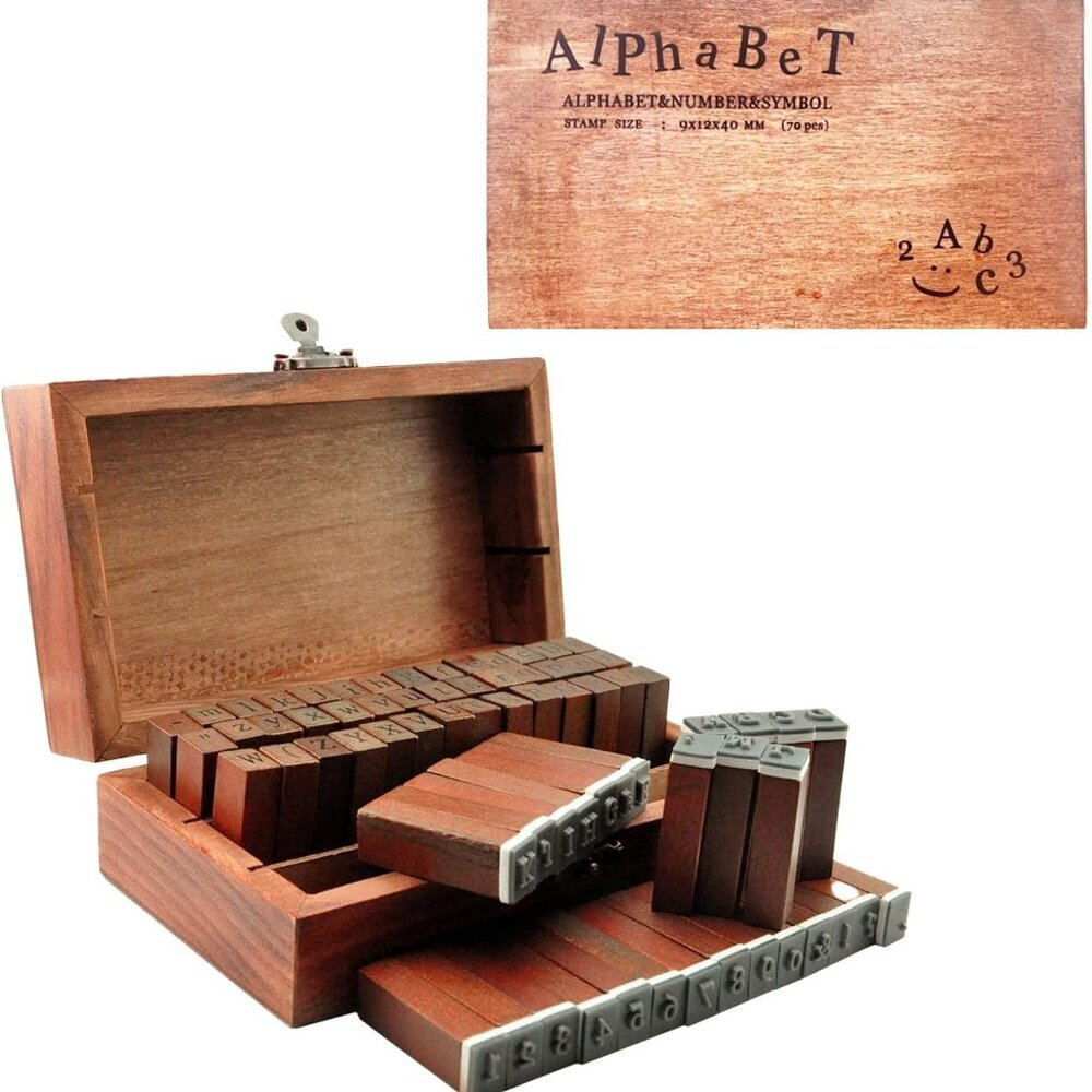 70pcs Alphabet Stamps for Clay, Rubber Letter Stamps for Crafting, Wooden Letter